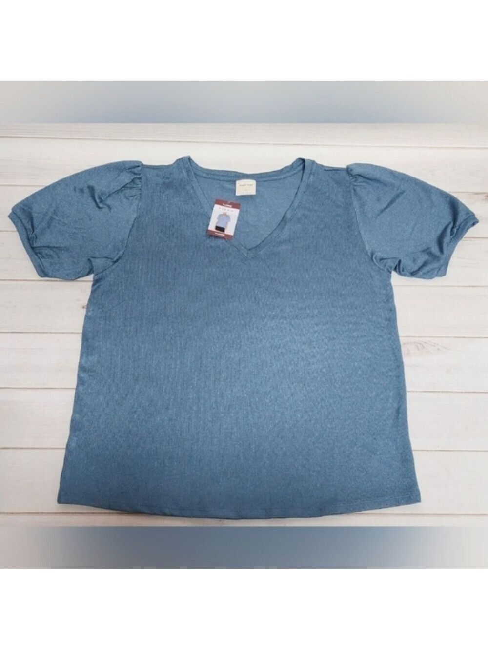 Mod Ref V Neck Short Puff Sleeve Knit Top in Blue XL - New With Tags